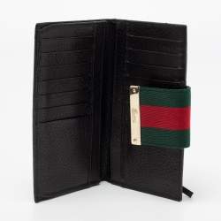 Pre Owned محفظة كونتينينتال غوتشي جلد وكانفاس جي جي أسود قلاب شريط ويب