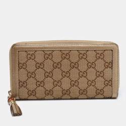 Pre Owned Gucci Beige/Gold GG Canvas and Leather Bamboo Tassel Zip Around Wallet