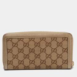 Pre Owned Gucci Beige/Gold GG Canvas and Leather Bamboo Tassel Zip Around Wallet
