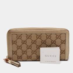 Pre Owned Gucci Beige/Gold GG Canvas and Leather Bamboo Tassel Zip Around Wallet