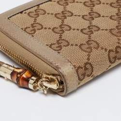 Pre Owned Gucci Beige/Gold GG Canvas and Leather Bamboo Tassel Zip Around Wallet