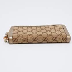 Pre Owned Gucci Beige/Gold GG Canvas and Leather Bamboo Tassel Zip Around Wallet