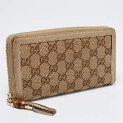 Pre Owned Gucci Beige/Gold GG Canvas and Leather Bamboo Tassel Zip Around Wallet