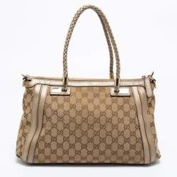 Pre Owned Gucci Beige/Gold GG Canvas and Leather Small Bella Tote