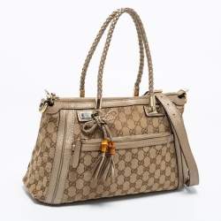 Pre Owned Gucci Beige/Gold GG Canvas and Leather Small Bella Tote