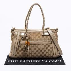 Pre Owned Gucci Beige/Gold GG Canvas and Leather Small Bella Tote