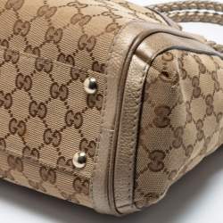 Pre Owned Gucci Beige/Gold GG Canvas and Leather Small Bella Tote