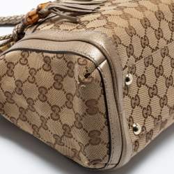 Pre Owned Gucci Beige/Gold GG Canvas and Leather Small Bella Tote