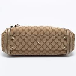 Pre Owned Gucci Beige/Gold GG Canvas and Leather Small Bella Tote