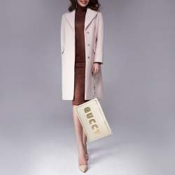 Pre Owned Gucci Off White/Gold Leather 'Guccy' Zip Wristlet Clutch