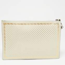 Pre Owned Gucci Off White/Gold Leather 'Guccy' Zip Wristlet Clutch