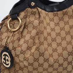 Pre Owned Gucci Beige/Black GG Canvas And Leather Medium Sukey Tote