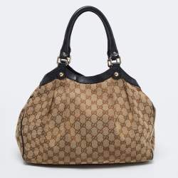 Pre Owned Gucci Beige/Black GG Canvas And Leather Medium Sukey Tote