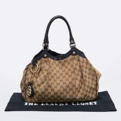 Pre Owned Gucci Beige/Black GG Canvas And Leather Medium Sukey Tote