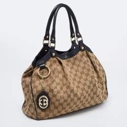 Pre Owned Gucci Beige/Black GG Canvas And Leather Medium Sukey Tote
