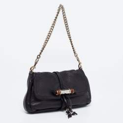 Pre Owned Gucci Black Leather New Bamboo Tassel Shoulder Bag
