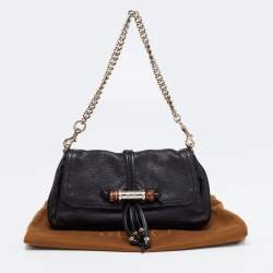 Pre Owned Gucci Black Leather New Bamboo Tassel Shoulder Bag