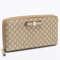 Gucci Metallic Beige Microguccissima Leather Bow  Zip Around Wallet