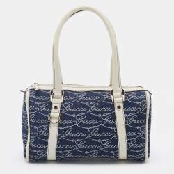 مملوكة مسبقًا Gucci Blue/White Logo Script Canvas And Leather Joy Boston Bag