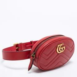 Pre Owned Gucci Red Matelassé Leather GG Marmont Belt Bag