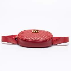 Pre Owned Gucci Red Matelassé Leather GG Marmont Belt Bag