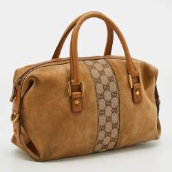 Pre Owned Gucci Beige/Tan GG Canvas And Suede Boston Bag