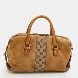 Pre Owned Gucci Beige/Tan GG Canvas And Suede Boston Bag