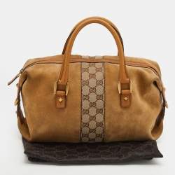 Pre Owned Gucci Beige/Tan GG Canvas And Suede Boston Bag