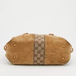 Pre Owned Gucci Beige/Tan GG Canvas And Suede Boston Bag
