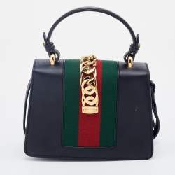 Pre Owned Gucci Black Leather Mini Web Chain Sylvie Top Handle Bag