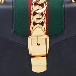 Pre Owned Gucci Black Leather Mini Web Chain Sylvie Top Handle Bag