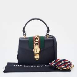 Pre Owned Gucci Black Leather Mini Web Chain Sylvie Top Handle Bag