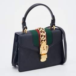 Pre Owned Gucci Black Leather Mini Web Chain Sylvie Top Handle Bag