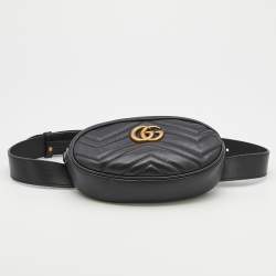 Pre Owned Gucci Black Matelassé Leather GG Marmont Belt Bag