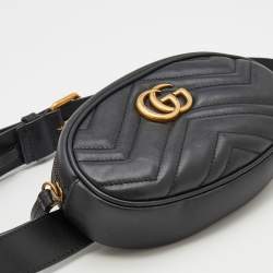 Pre Owned Gucci Black Matelassé Leather GG Marmont Belt Bag