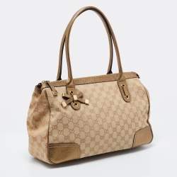 Pre Owned Gucci Beige/Gold GG Canvas And Leather Princy Tote 