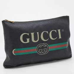 Pre Owned Gucci Black Leather Logo Print Zip Pouch