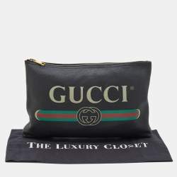 Pre Owned Gucci Black Leather Logo Print Zip Pouch