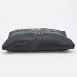 Pre Owned Gucci Black Leather Logo Print Zip Pouch