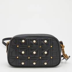Pre Owned Gucci Black Quilted Leather Embellished Small GG Marmont Shoulder Bag