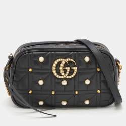 Pre Owned Gucci Black Quilted Leather Embellished Small GG Marmont Shoulder Bag