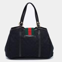 Pre Owned Gucci Black GG Canvas and Leather Medium New Ladies Web Tote  