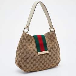 Pre Owned Gucci Beige/Brown GG Canvas And Leather Medium New Ladies Web Hobo