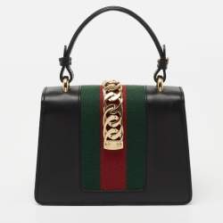 Pre Owned Gucci Black Leather Mini Web Chain Sylvie Top Handle Bag