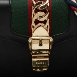 Pre Owned Gucci Black Leather Mini Web Chain Sylvie Top Handle Bag