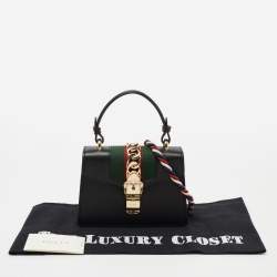 Pre Owned Gucci Black Leather Mini Web Chain Sylvie Top Handle Bag