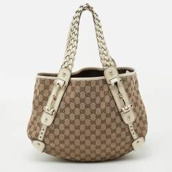 Pre Owned Gucci Beige/White GG Canvas and Leather Medium Pelham Shoulder Bag