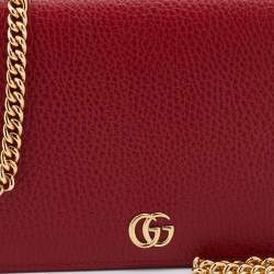 Gucci Red Leather Mini GG Marmont Wallet on Chain