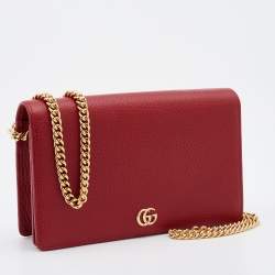 Gucci Red Leather Mini GG Marmont Wallet on Chain