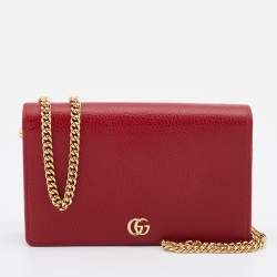 Gucci Red Leather Mini GG Marmont Wallet on Chain
